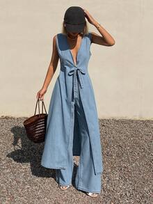 DAZY Bộ đồ denim dài dáng suông cổ chữ V buộc dây kiểu dáng nghỉ mát dành cho nữ mùa hè - Màu xanh lam - Xem 3