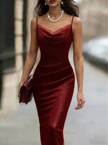Franclia Women's Dark Red Shimmering Elegant Party Dress For Summer,Lace Halter Neck Backless Evening Gown,Sleeveless Wedding Guest Bridesmaid Graduation Dress - Bright Red - View 3