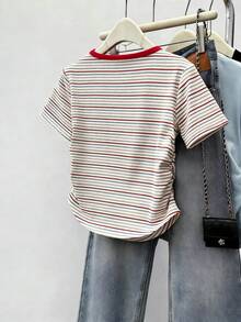 Resyla Women's T-Shirt / Women's V-Neck Slim Fit T-Shirt / Colorful Stripes / Embroidery / Daily Casual / Summer - Multicolor - View 2