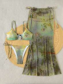 Bonvoyette 女士夏季沙滩扎染性感比基尼套装，含罩衫和裙子 - 棕色 - 查看 5