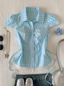 Comfortcana 女士休闲格子蕾丝边衬衫，夏季 - 彩色 - 查看 1