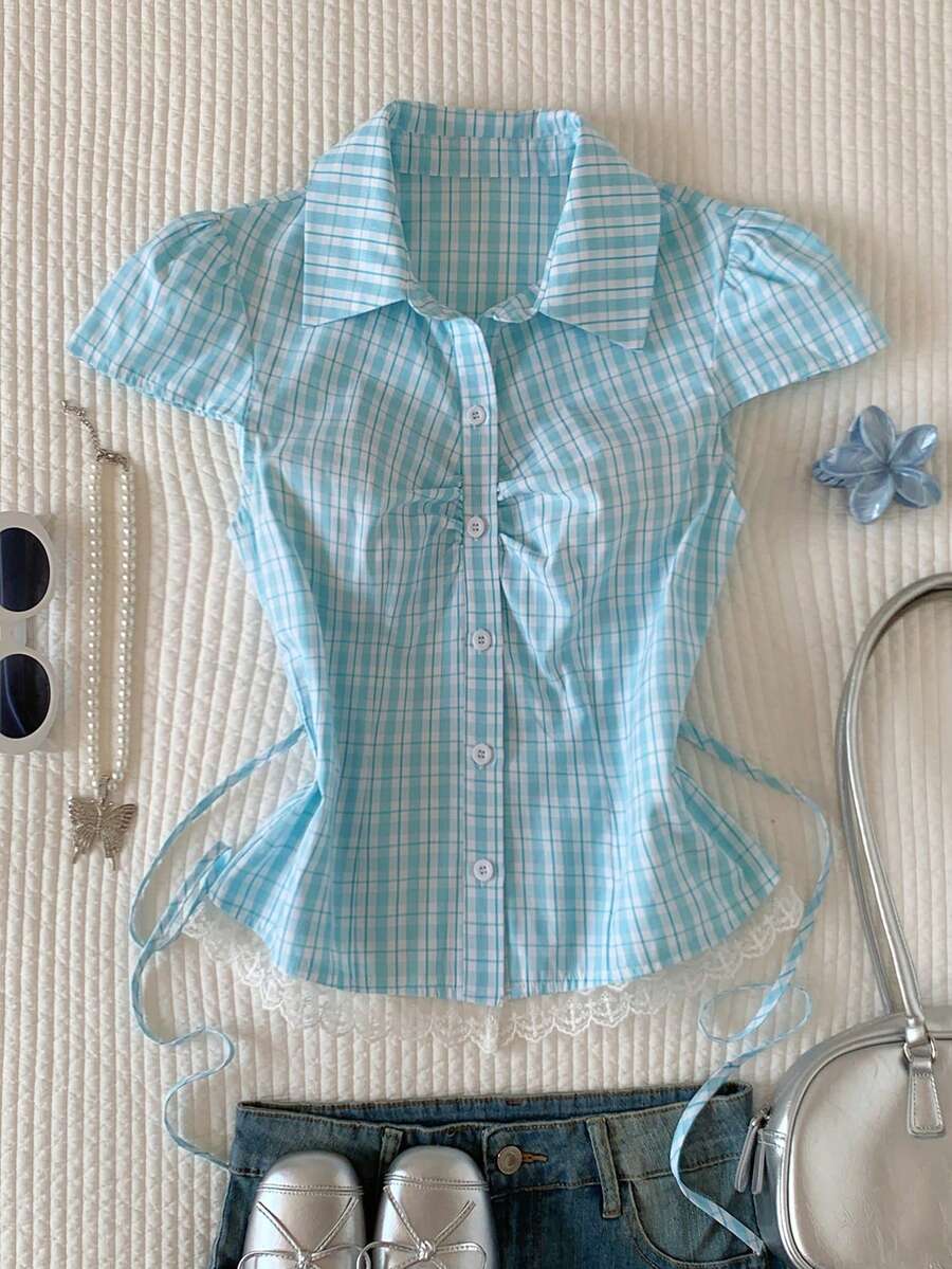 Comfortcana 女士休闲格子蕾丝边衬衫，夏季 - 彩色 - 查看 1