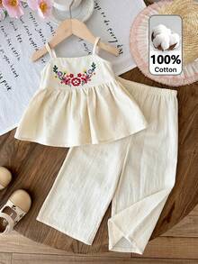 LMoss Kids 女婴花卉刺绣吊带娃娃衫和阔腿裤套装，休闲假日风 - 米色 - 查看 1