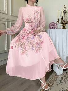 Modelyn Tie-Waist Ruched Placement Print Long Sleeve Dress For Women - Pink - View 3