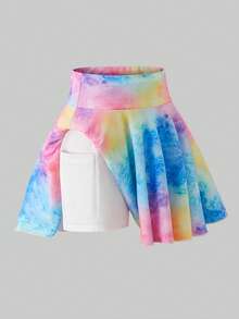 Tween Girls' Colorful Ombre Print High Waist Elastic Sports Skirt Shorts, Side Pockets, Anti-Chafing, Suitable For Summer Outdoor Activities - Multicolor - View 3
