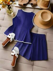 GlowEve CURVE Nuevo conjunto de 2 piezas de verano para mujer de talla grande, adecuado para ir al trabajo, fiestas, reuniones, salidas casuales, estilo chino, estilo resort, apropiado para el Día de San Patricio, Pascua, Día de San Valentín, Navidad, Acción de Gracias, cómodo, versátil, favorecedor, conjunto de primavera/verano - Azul - Ver 2