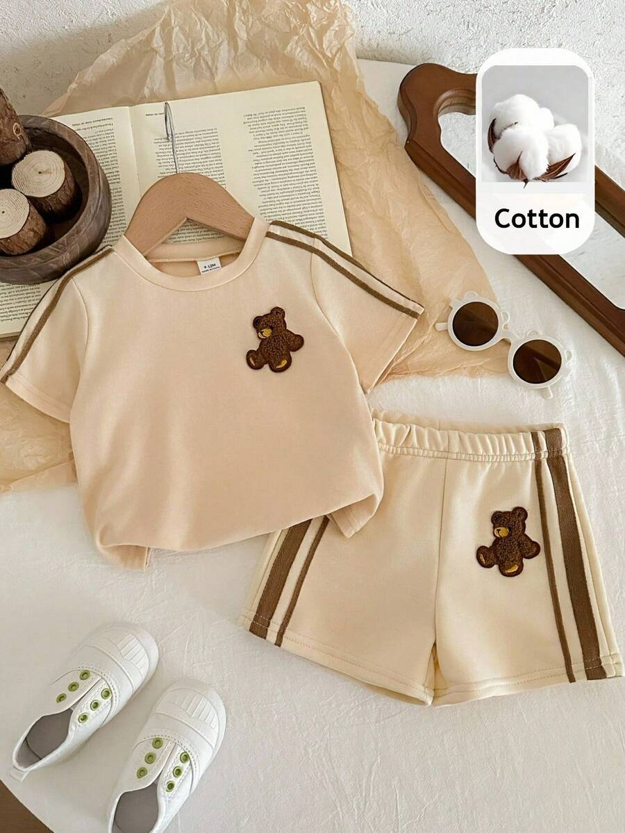 LMoss Kids LMoss   Baby Boy Summer Casual Bear Graphic T-Shirt And Shorts Set Brown Baby Set Aesthetic Baby Clothes - Multicolor - View 1