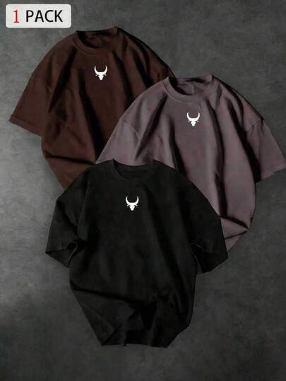 Sport MetroGents 1pc Men's Casual Everyday Commute Bull Head Print Loose Fit Sports T-Shirt