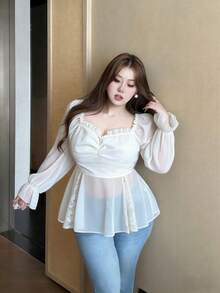 Vibekara New Arrival Sweet Elegant Chiffon & Lace Patchwork Puff Sleeve Blouse, Ruffle Hem Cropped Shirt For Women, Slim Fit - White - View 6