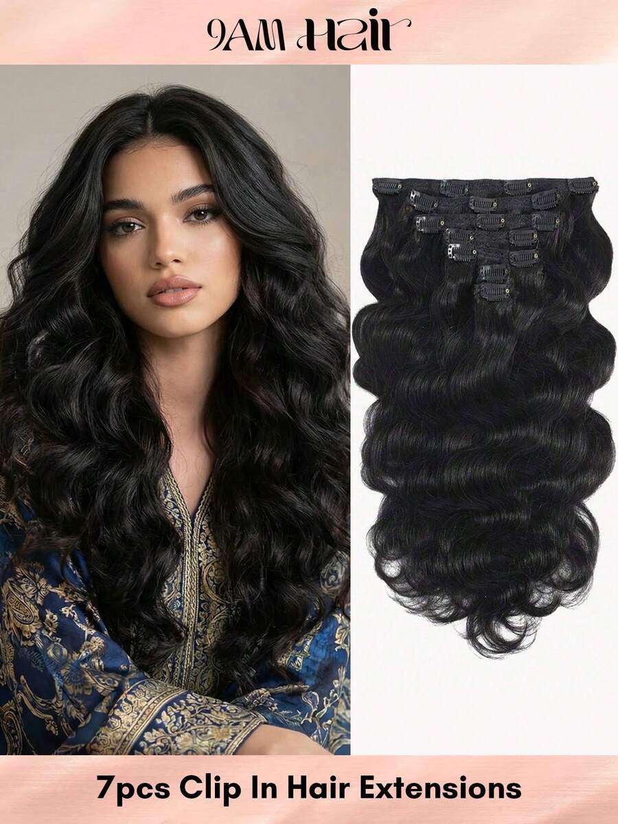 Tóc nối kẹp kiểu sóng lượn, tóc thật 7 miếng, màu đen tự nhiên, tóc nối kẹp gợn sóng cho nữ. - Natural Black - Xem 1