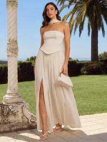 Enchnt Váy maxi công chúa ống chéo lưng xếp ly viền kem màu trắng lãng mạn mùa xuân/hè dành cho nữ kèm ruy băng, ngọt ngào và thanh lịch cho kỳ nghỉ, ngày lễ, ngày lễ, tiệc tùng, lễ tốt nghiệp và khách dự tiệc cưới, bãi biển và tiệc tối, váy dạ hội, váy mùa hè cho nữ, váy chống nắng cho nữ, quần áo mùa hè, váy thanh lịch cho tiệc tùng - Màu be - Xem 8