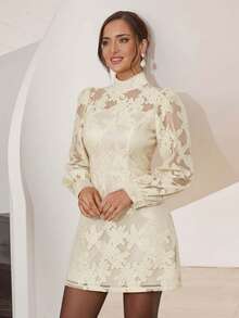 Modelyn Đầm ngắn cổ đứng màu trơn, thanh lịch dành cho nữ, thích hợp đi làm, chất liệu jacquard. - Màu be - Xem 4