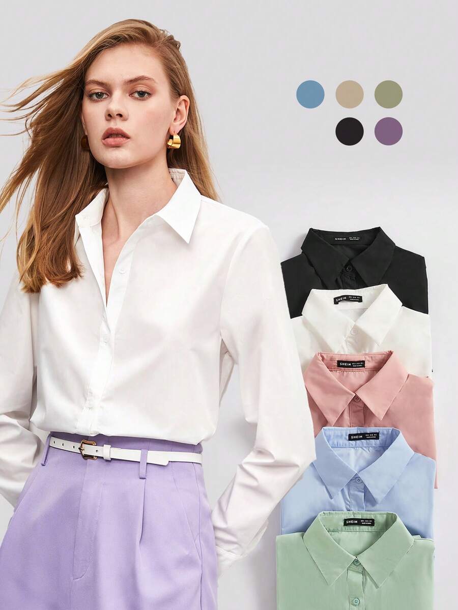 BizChic 女士白色纯色纽扣衬衫，长袖休闲上衣，时尚办公服饰，优雅女士正装上衣 - 白色 - 查看 1