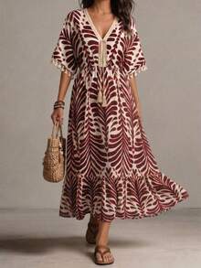 Breezaya 女士法式设计印花收腰飘逸流苏V领长款连衣裙，度假风 - 紅白色 - 查看 3