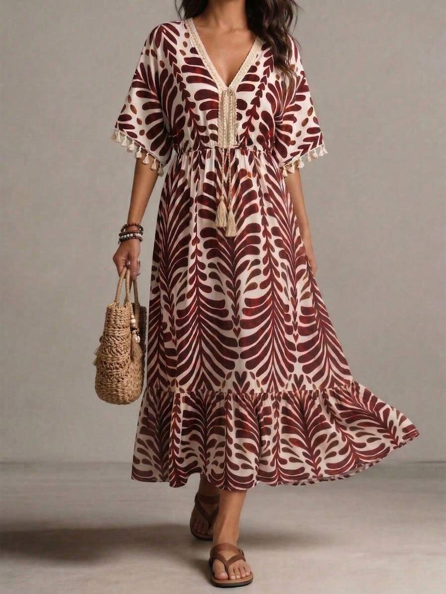 Breezaya 女士法式设计印花收腰飘逸流苏V领长款连衣裙，度假风 - 紅白色 - 查看 1