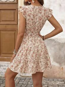 Brillora Summer Beach Paisley Print Ruffle Trim Belted Nashville Short Dress,Vacation,Vacation Style,BOHO,BOHO Style,Floral Print Ruffle Trim V-Neck Mini Dress,Boho Pink Flower Print Dress,Vacation Style Floral A-Line Mini Dress,Floral Print, Ruffle Trim, Summer Vacation,Wrap Front, Ruffle Sleeve Dress, Floral Dress, Summer Dress, Women S Summer Outfits, Wild Flower Dress, Women's Summer Dresses,Summer Dresses For Women - Apricot - View 2