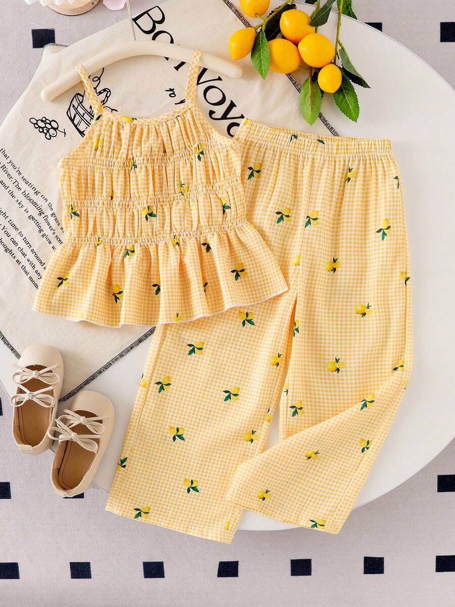 Souflis Souflis 小女孩可爱甜美格子柠檬蝴蝶结印花吊带背心和阔腿裤套装，夏季海滩度假休闲装 - 黃色 - 查看 1