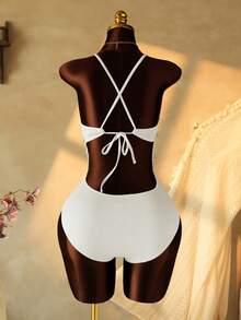 Swim Vcay 1pc Women's Solid Color Spaghetti Strap Criss-Cross Back Shell Chain One-Piece Swimsuit - White - View 4