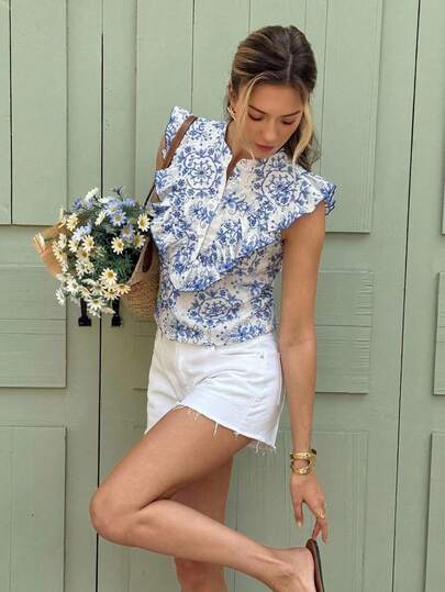 SHEIN Frenchy 女士夏季休闲花卉刺绣荷叶边下摆衬衫