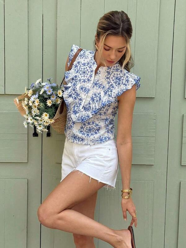 Serisse Women's Summer Casual Floral Embroidery Ruffle Hem Blouse,Pure Cotton French-Style Blue And White Floral Porcelain Print Sleeveless Top With Ruffles,Floral Embroidered Shirt,Blue And White Shirt, Floral Blouse, Summer Blouse, Floral Top, Spring Blouse, Ruffle Top,Elegant Women's Blouses,Women Summer Top,Summer Tops,Casual Blouses For Women, Beach Outfits, Beach Vacation Outfits For Women,Holiday Outfits For Women,Summer Outfit For Women,Summer Clothes