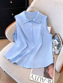 GlowEve CURVE Plus Size Women's Elegant Casual Open Front Pearl Beaded Blouse Gym Brown Summer - Baby Blue - View 3