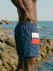 Manfinity KASUA Men's Contrast Color Drawstring Waist Beach Shorts, Summer Men Swim Trunks Mens Swimwear Mens Beachwear Striped Swim Shorts Navy Red White Swim Shorts - Navy Blue - View 4