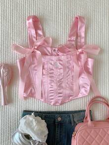 Comfortcana 2026新款春夏时尚女士优雅系带露脐宽肩带上衣，夏季女士情人节派对上衣，海滩外出上衣，优雅女士度假休闲上衣，Y2K风格粉色上衣，春假，粉色上衣，海滩度假，夏季假期，情人节，粉色光泽缎面刺绣收腰修身蝴蝶结鱼骨束身衣，情人节，狂欢节，海滩，假日，居家休闲，街头，大学 - 粉色 - 查看 1