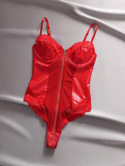 EmpressEnvy Women's Lingerie Bodysuit, PU Leather & Coin Mesh Patchwork, Front Zipper, Lash Trim Cup, Sexy Intimate Apparel For Petite Women Red Fishnet Bodysuit Lingerie Red Fishnet Lingerie Set Lingerie For Women Valentine Day Queen Of Hearts Lingerie Lingerie For Women Seductive Plus Size Corsets Lingerie For Women Corset Revealing Clothes For Women Corsets For Woman Women's Lingerie Set Women's Corset Lingerie For Women Adult