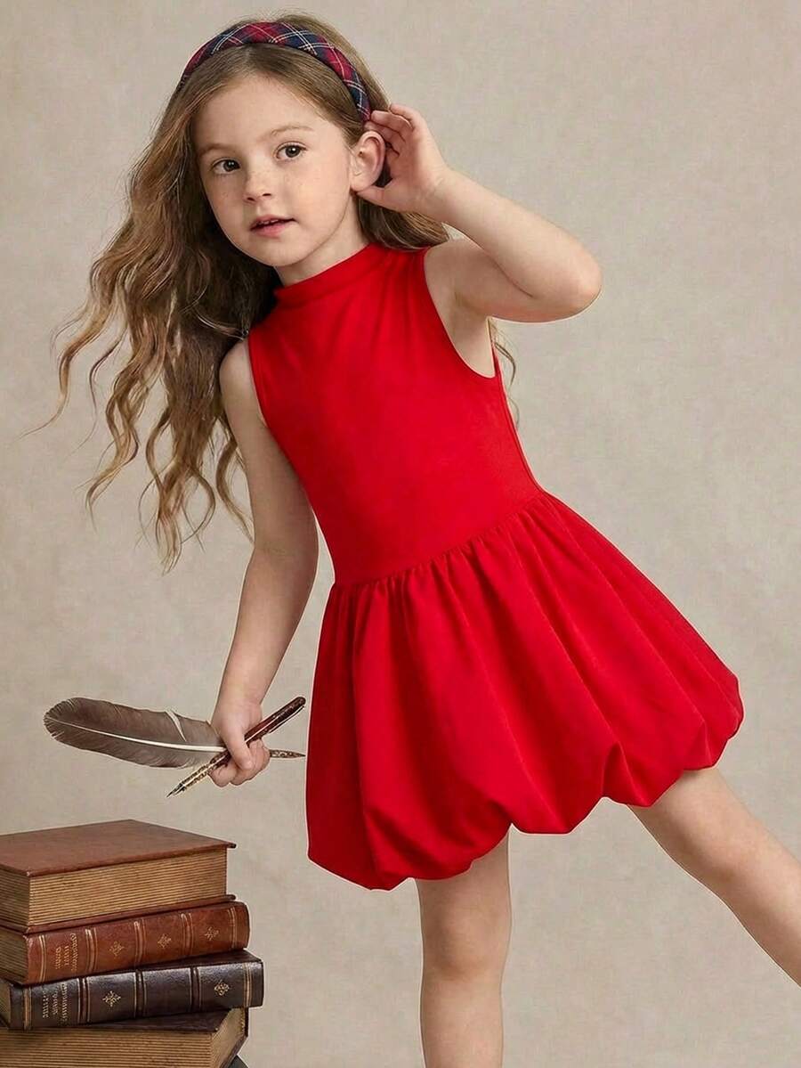 PrepCrw Váy đỏ bó sát không tay đan màu trơn cho bé gái, trang phục ngày lễ tình nhân - Đỏ - Xem 1