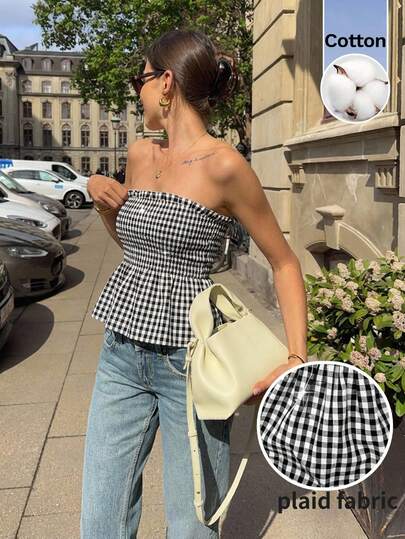 SHEIN Frenchy Women's Cotton Gingham Smocked Peplum Tube Top – Sleeveless Plaid Summer Crop Blouse ,Summer, Spring,Easter,Party ,Beach,Wedding ,Graduation,Elegant,Casua,Vacation,Formal,Business, Women's Plaid Ruched Bandeau Top, Versatile For Daily Wear,Summer Top