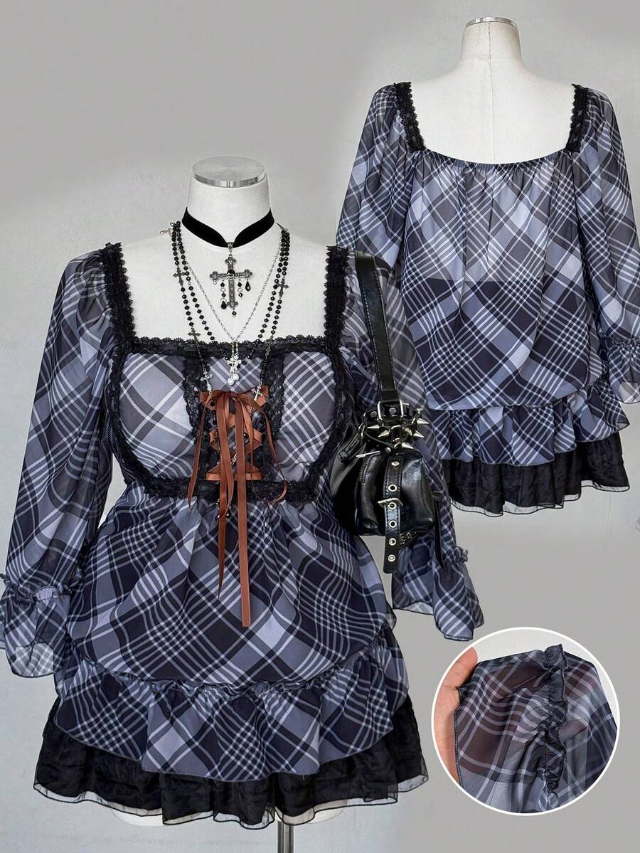 Sunspun Plus Size Diamond Collar Ribbon Applique Chiffon Printed Mid-Sleeve Blouse - Multicolor - View 1
