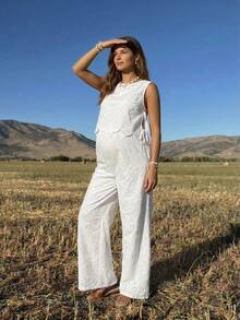 Boho Mama White Summer Boho Maternity Holiday,Women's Two Pieces Set,Embroidered Eyelet Lace Jumpsuit Romper,Baby Shower Outfit,Country Style Pregnancy Clothes - White - View 2