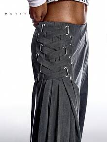 LYSMO Petite 女士纯色褶裥阔腿裤，适合通勤 - 灰色 - 查看 8