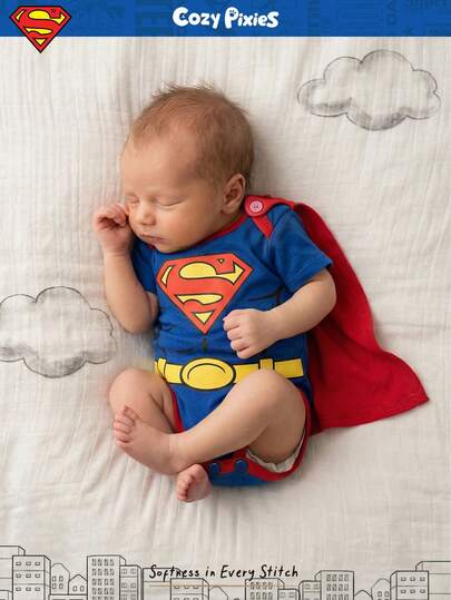 SUPERMAN X Cozy Pixies Newborn Baby Boy/Girl 2pcs Set: Superhero Pattern Contrast Color Soft Knit Romper & Shawl,Kids