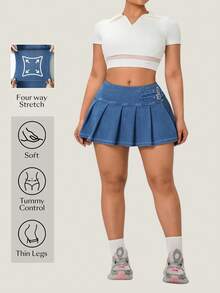 Flexra Lässiger Minirock aus plissiertem Denim im Streetstyle für Damen in großen Größen, Sommer - Dunkle Waschung - Übersicht 3
