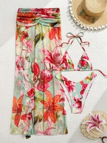 Bonvoyette Bộ bikini và váy nhiều mảnh ôm sát tôn dáng dành cho nữ, thích hợp cho mùa hè, họa tiết nhiệt đới, thời thượng, đi du lịch biển, tiệc tùng, trà chiều. Bộ bikini dài đến eo, xếp ly, bèo nhún, phối hợp, phong cách bãi biển, kỳ nghỉ lãng mạn, giúp thon gọn vóc dáng. - Nhiều màu - Xem 7