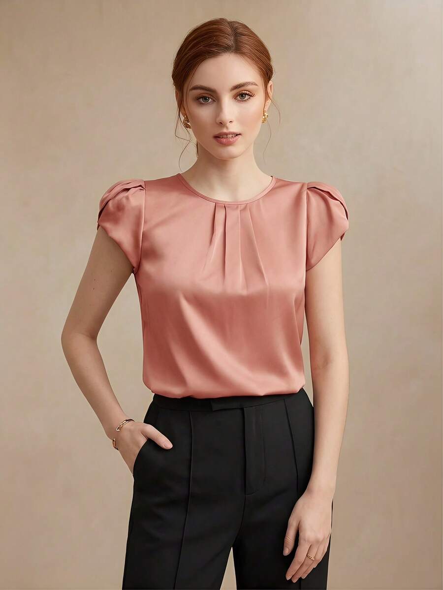 BizChic Áo kiểu nữ cổ tròn tay bồng dáng cánh hoa mới cho mùa Xuân/Hè, kiểu dáng tối giản, đa năng, phù hợp cho các dịp thường ngày, trang trọng, dự tiệc, đi biển, lễ tốt nghiệp và các kỳ nghỉ. - Rỉ Nâu - Xem 1