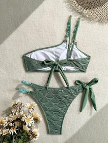 Swim Chiccia 女士橄榄绿串珠单肩吊带性感沙滩度假泳装套装，夏季 - 綠色 - 查看 2