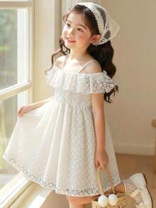 Elladie kids 少女甜美花卉刺绣网纱吊带露肩束腰泡泡裙连衣裙，适合派对、活动、演出、旅行和度假。 - 白色 - 查看 4