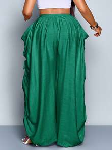 SOLERSUN Plus Size Women's Solid Color Waist Tie Pocket Wide Leg Pants - Green - View 2