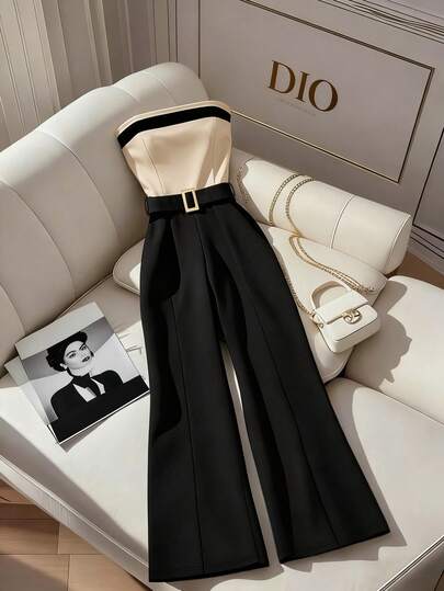 Franclia 女士新款抹胸撞色饰边金属扣腰带阔腿连体裤