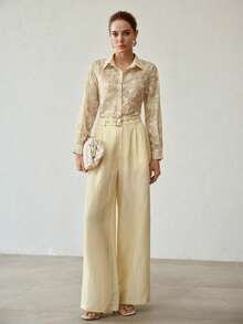 MOTF PREMIUM MINIMALIST ELEGANT 3D FLORAL EMBROIDERED LINEN 2 PIECES SET FOR WOMEN, YELLOW - Apricot - View 4