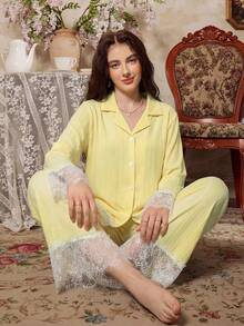 French Elegant Romantic Lace Patchwork Women Pajama Set - Yellow - View 3