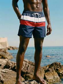 Manfinity KASUA Men's Contrast Color Drawstring Waist Beach Shorts, Summer Men Swim Trunks Mens Swimwear Mens Beachwear Striped Swim Shorts Navy Red White Swim Shorts - Navy Blue - View 6