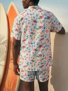 Palasendo 男士海星印花短袖衬衫和短裤沙滩套装 - 黑色 - 查看 4