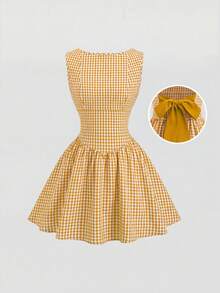 Sweetra 女士时尚甜美格子无袖船领性感露背撞色蝴蝶结腰带A字休闲连衣裙，适合春夏穿着 - 黃色 - 查看 2