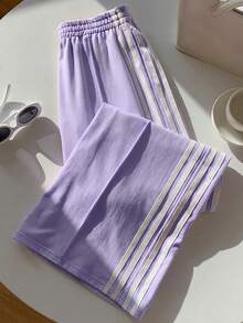 Comfortcana Women's Casual Commuting School Sports Elastic Waist Purple Contrast Striped Side Loose Wide Leg Sweatpants, Spring/Summer - Purple - View 5