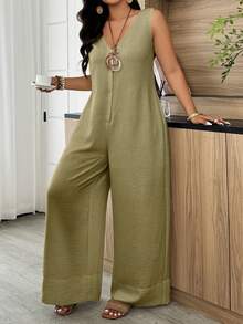 Weeklong White Plus-Size Jumpsuit - Sleeveless, V-Neck & Loose Fit, Suitable For Daily Wear & Office Commute, Spring & Summer Outfit - Olive Green - View 1