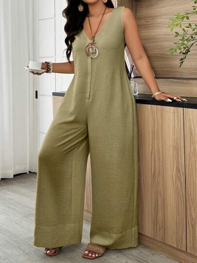 Weeklong Bộ áo liền quần màu trắng cỡ lớn - Không tay, cổ chữ V, dáng rộng, phù hợp mặc hàng ngày và đi làm, trang phục mùa xuân và mùa hè.