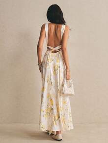 Poéselle Đầm maxi không tay cổ chữ V in hoa thanh lịch dành cho nữ - Butter Yellow - Xem 6